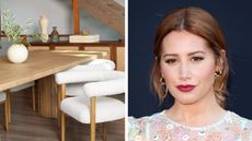 Ashley Tisdale Frenshe x HomeThread Haven wooden dining table with boucle low back collated next to a picture of Ashley Tisdale on a blue background