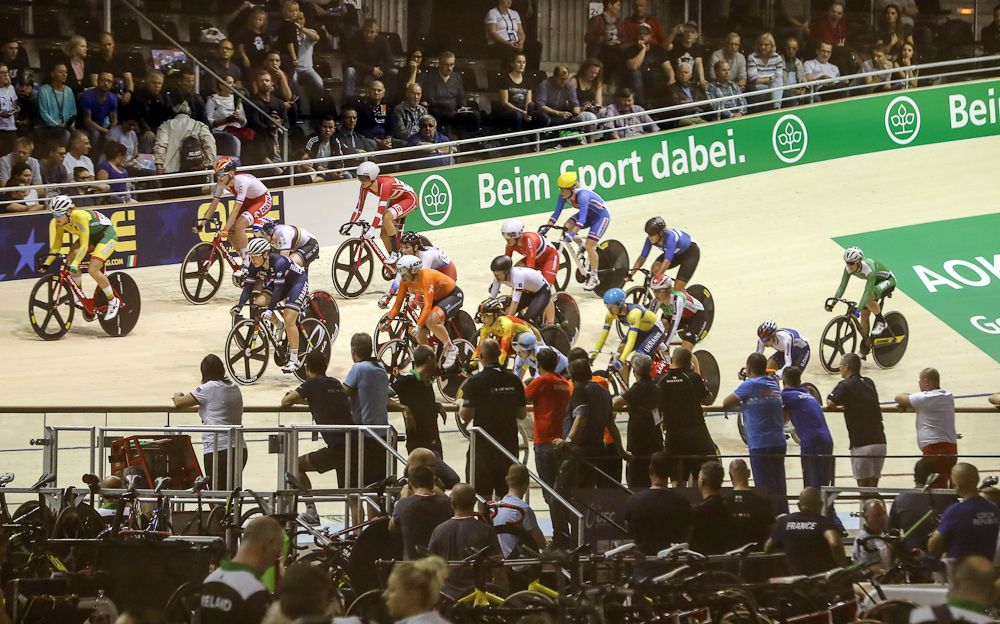 Riders get ready to race on the track in Berlin