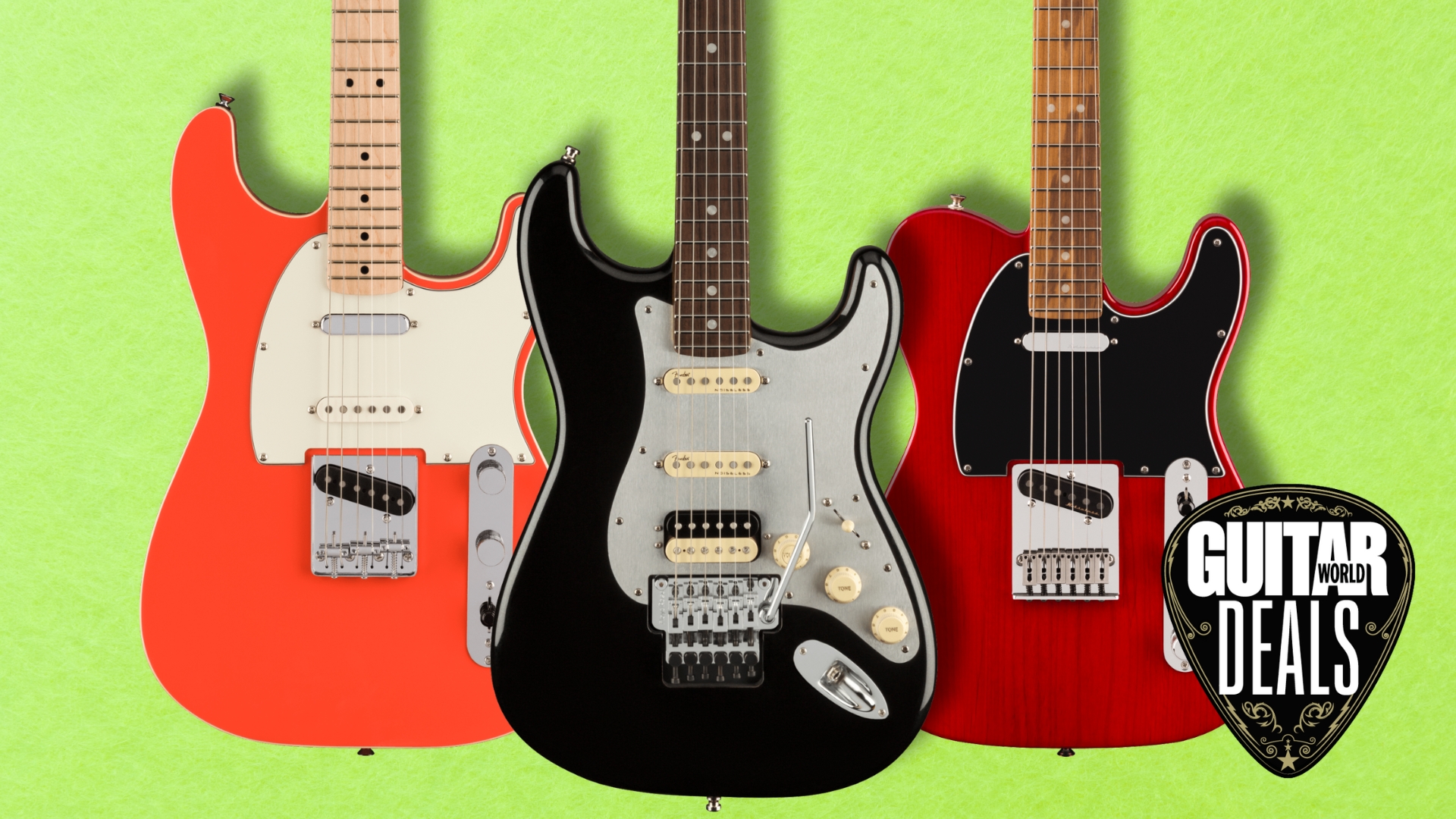A trio of Fender guitars on a green background