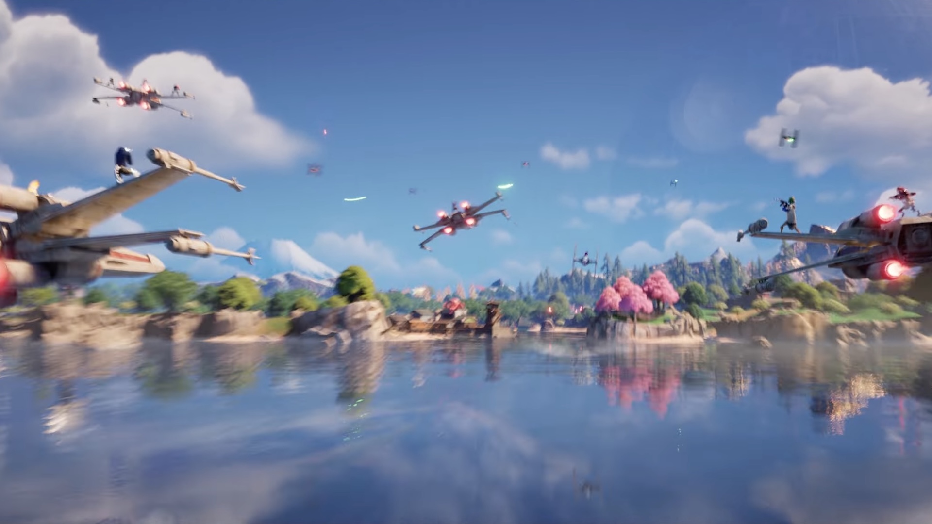 X-Wings swoop in over water towards advancing TIE Fighters