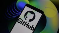 GitHub logo on mobile phone screen with green and yellow gradient background