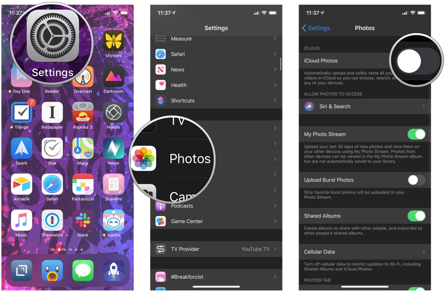 Turn on iCloud Photos on iPhone and iPad by showing steps: Launch Settings, tap Photos, tap toggle for iCloud Photos to ON