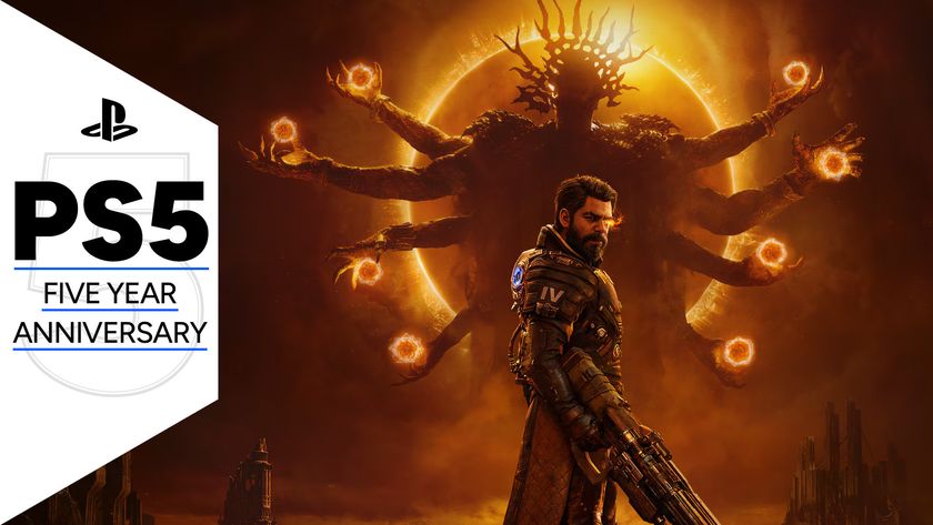 Key art for Saros showing Soltari Enforcer Arjun Devraj holding a gun with is eye glowing, in front of a larger figure with many arms, with the GamesRadar+ frame for PS5: Five Year Anniversary