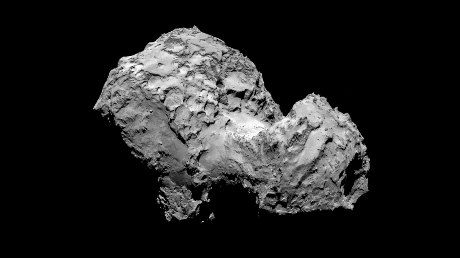 The nucleus of Comet 67P/Churyumov-Gerasimenko captured by Rosetta's OSIRIS narrow-angle camera from a distance of 177 miles (285 km)