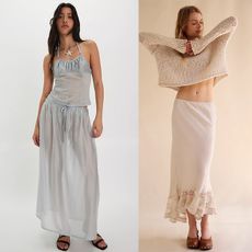one model wears light blue skirt set! one wears white skirt and light weight sweater. 