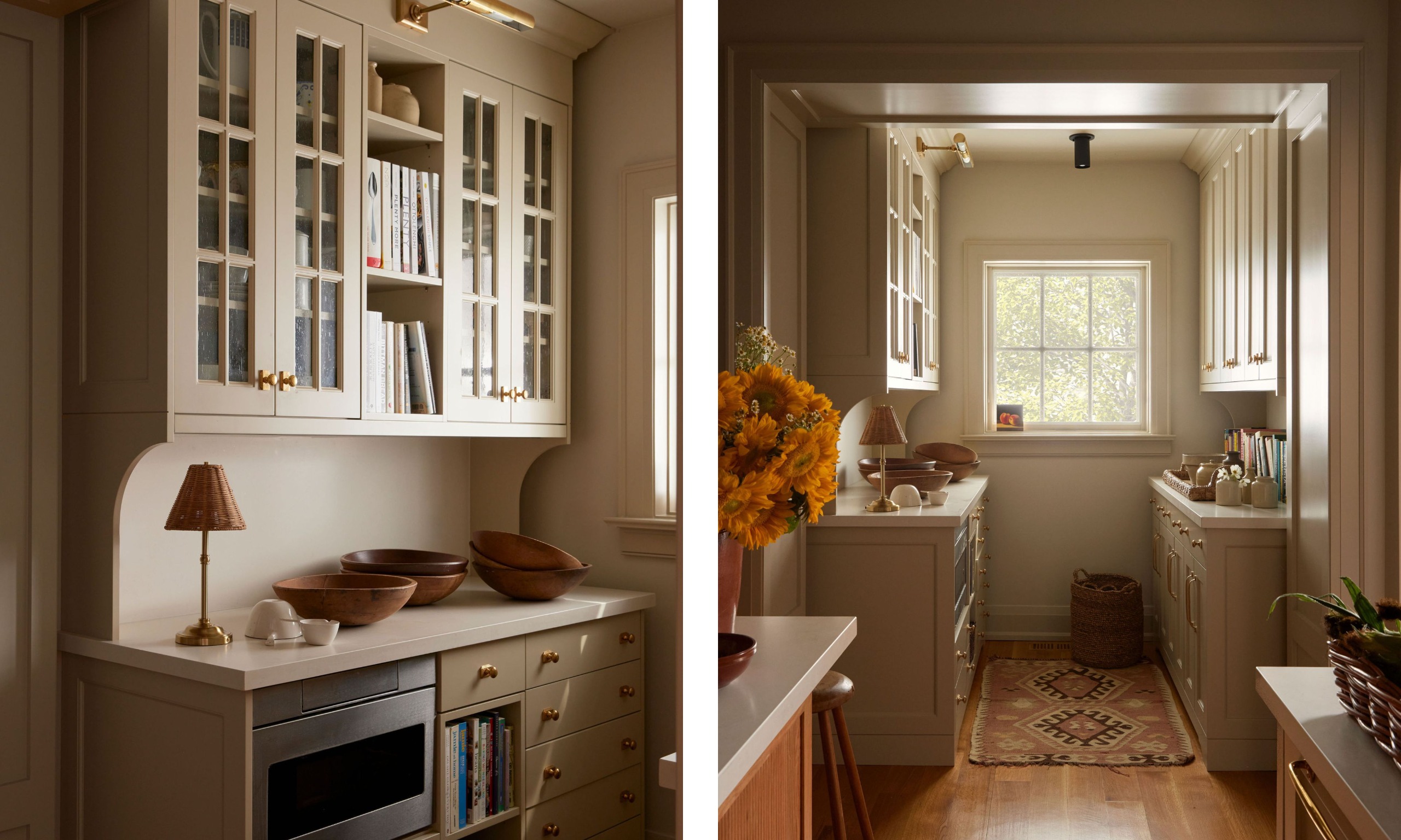 Two images of a pantry with neutral cabinets and walls, wood flooring with a patterned runner rug, a small window, and brass fixtures.