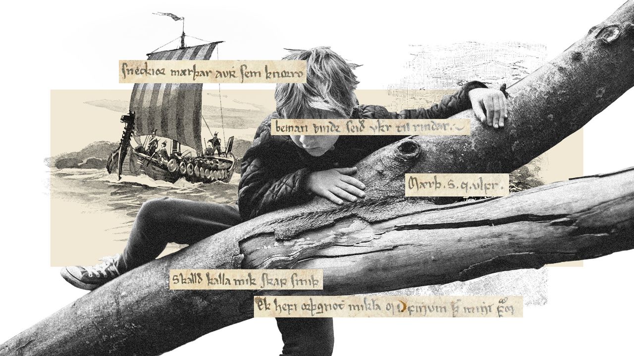 Photo collage of a young boy climbing a tree. In the background, there are vintage illustrations of Viking longboats, and passages of text about mythology in Old Norse.