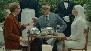 the phoenician scheme mia threapleton michael cera and benicio del toro having tea together