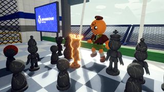 Peak scout stood at a chess board moving the queen in the airport