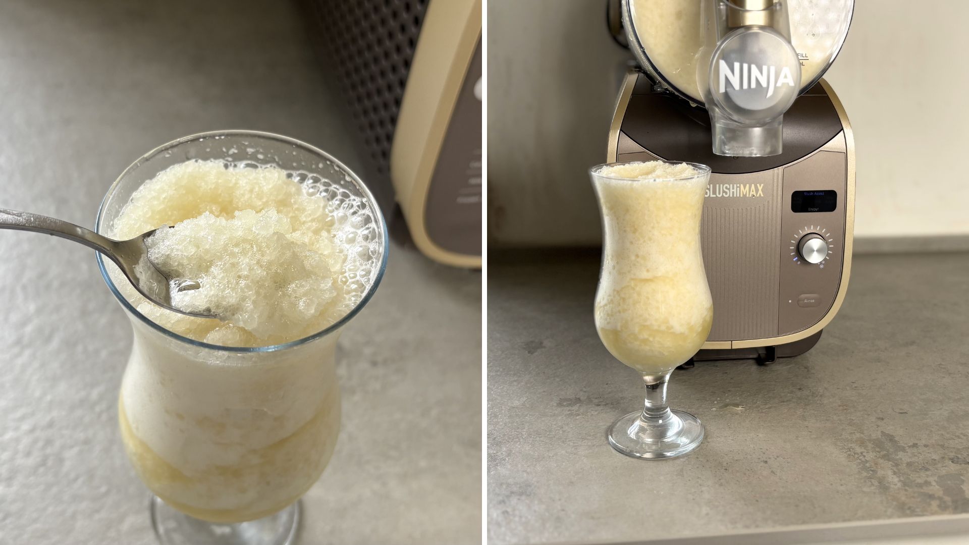 Ninja Slushi Max Frozen Drinks Maker making a slushie with a pina colada mix