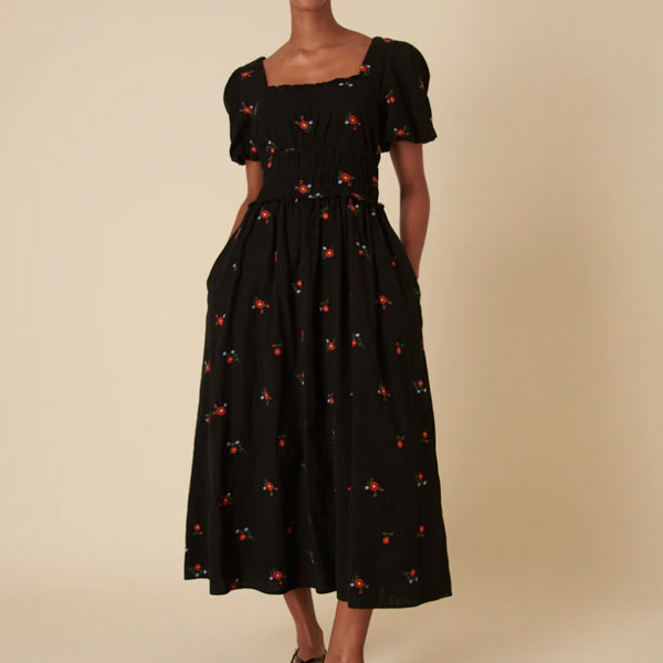 Nobody&#039;s Child Black Floral Embroidered Puff Sleeve Aggie Midi Dress