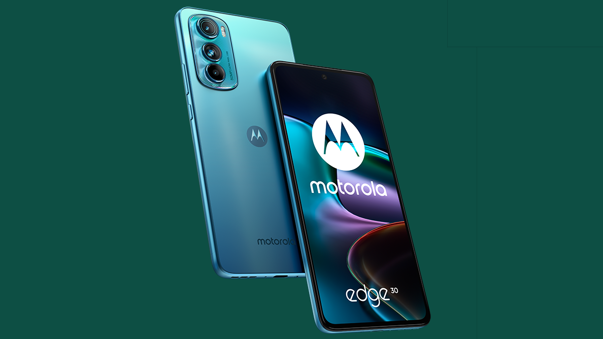 A Motorola Edge 30 from the front and back, against a green background