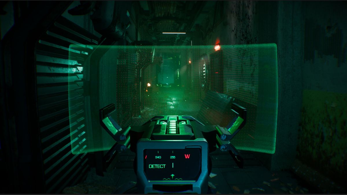 Aiming through firearm with pop up green holographic screen in nondescript hallway in Defect