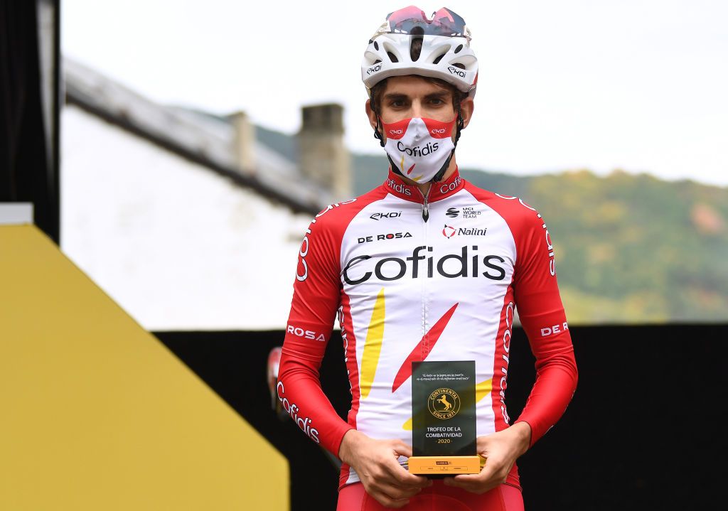 SALLENT DE GLLEGO SPAIN OCTOBER 25 Start Guillaume Martin of France and Team Cofidis Solutions Credits Most Combative Rider Trophy Mask Covid safety measures Team Presentation during the 75th Tour of Spain 2020 Stage 6 a 1464km stage from Biescas to Sallent de Gllego Aramn Formigal 1790m lavuelta LaVuelta20 La Vuelta on October 25 2020 in Sallent de Gllego Spain Photo by David RamosGetty Images