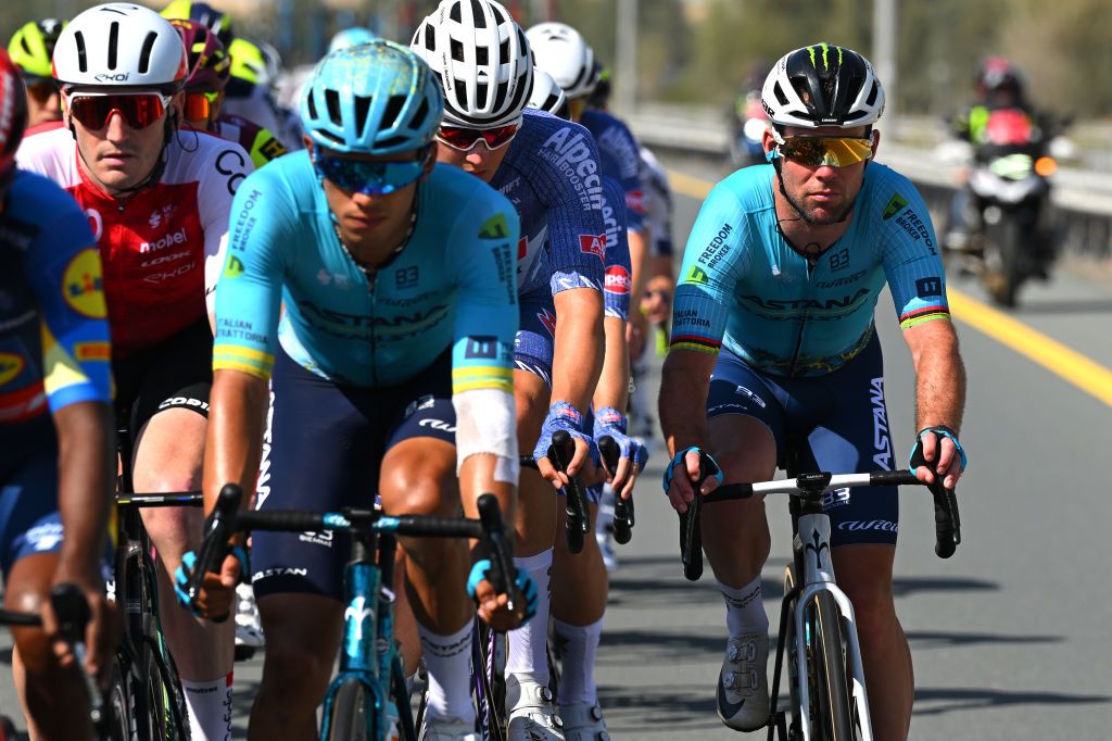 DUBAI HARBOUR DUBAI UNITED ARAB EMIRATES FEBRUARY 22 Mark Cavendish of Great Britain and Team AstanaQazagstan competes during the 6th UAE Tour 2024 Stage 4 a 168km stage from Dubai Police Officers Club to Dubai Harbour UCIWT on February 22 2024 in Dubai United Arab Emirates Photo by Tim de WaeleGetty Images