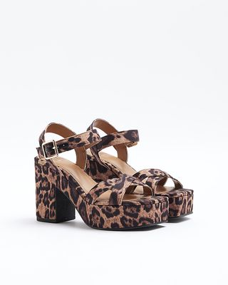 River Island, Brown Strap Leopard Print Platform Sandals