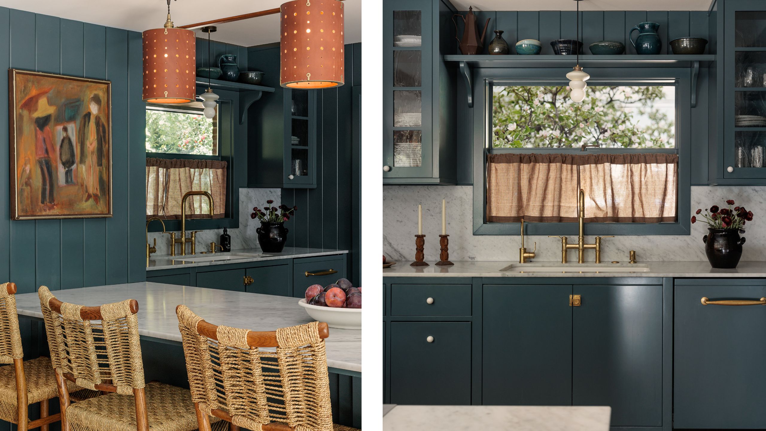 two side by side images of a deep green blue kitchen with cafe curtain, marble counters, rattan bar stools and vintage art