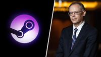 Left: Steam logo, right: Tim Sweeney, chief executive officer of Epic Games Inc., after an interview in Seoul, South Korea, on Tuesday, Nov. 16, 2021. Sweeney renewed his attack on the duopoly power of Apple Inc. and Alphabet Inc.s Google as the worlds dominant mobile platforms at a conference in Seoul Tuesday. Photographer: SeongJoon Cho/Bloomberg via Getty Images