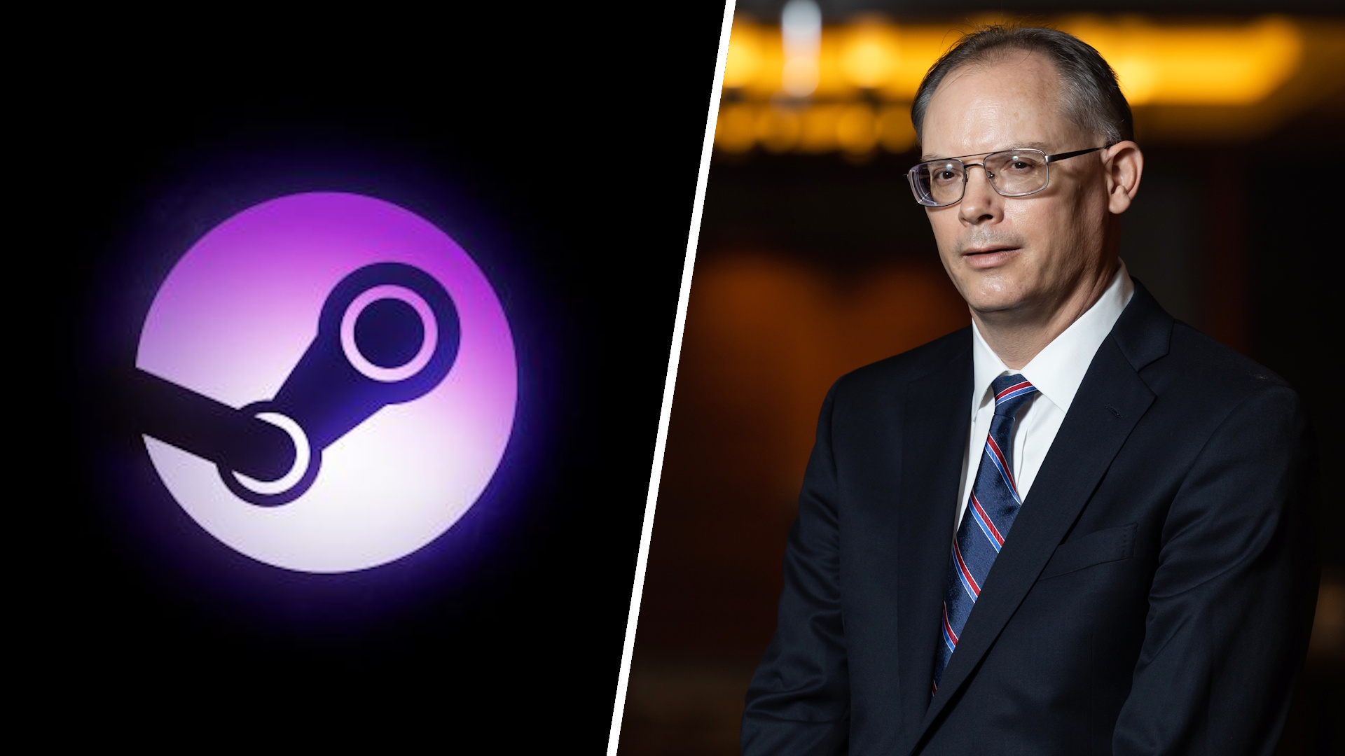 Left: Steam logo, right: Tim Sweeney, chief executive officer of Epic Games Inc., after an interview in Seoul, South Korea, on Tuesday, Nov. 16, 2021. Sweeney renewed his attack on the duopoly power of Apple Inc. and Alphabet Inc.s Google as the worlds dominant mobile platforms at a conference in Seoul Tuesday. Photographer: SeongJoon Cho/Bloomberg via Getty Images