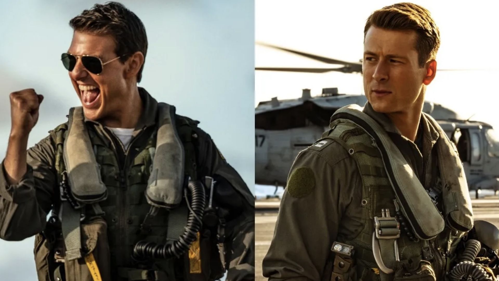 Tom Cruise and Glen Powell in full pilot gear, side by side from Top Gun: MAverick.