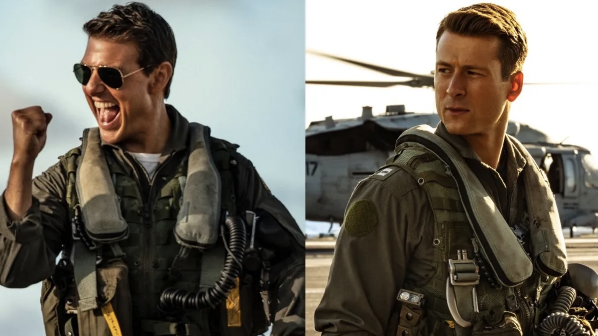 Tom Cruise and Glen Powell in full pilot gear, side by side from Top Gun: MAverick.
