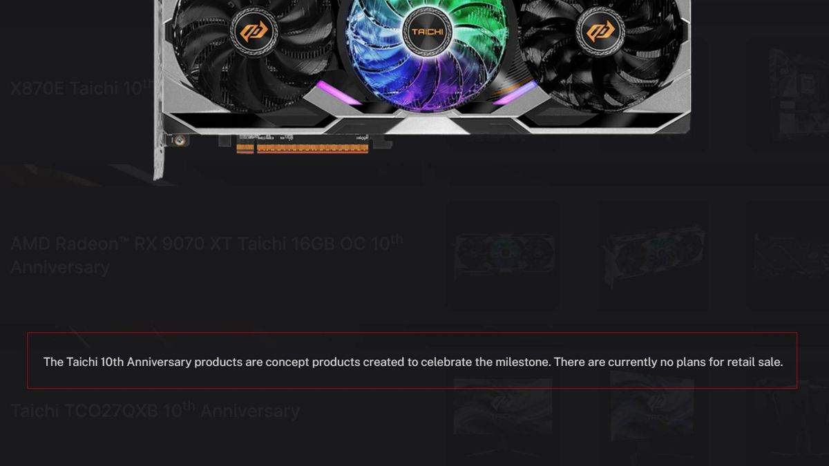 Screenshot of notice on ASRock page that reads "The Taichi 10th Anniversary products are concept products created to celebrate the milestone. There are currently no plans for retail sale"