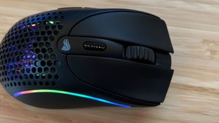 Glorious Model D 2 gaming mouse main clicks and scroll wheel close up