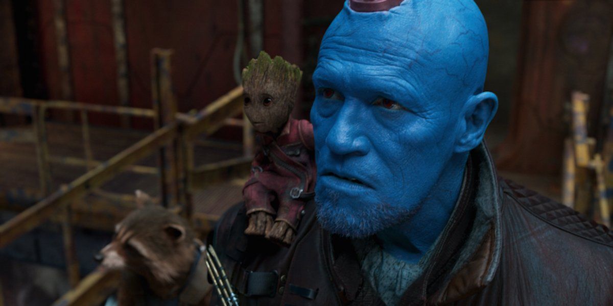 Michael Rooker&#039;s Yondu with Groot and Rocket Raccoon.