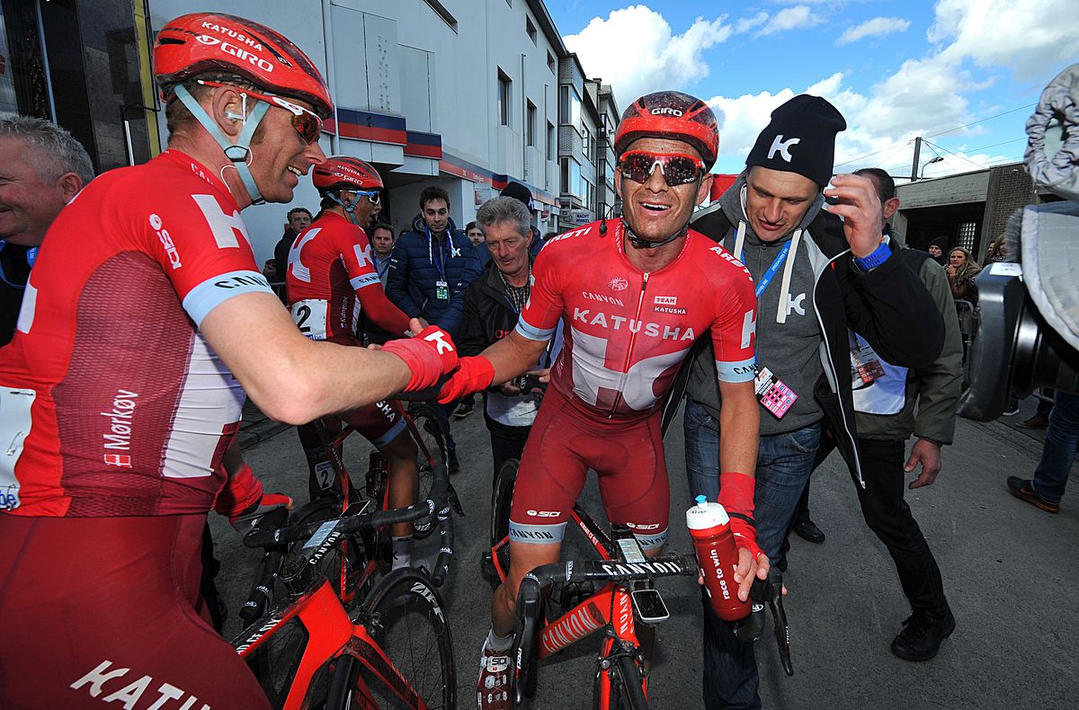 Alexander Kristoff celebrates with Katusha teammate Michael Morkov