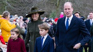 Princess Charlotte, Catherine, Princess of Wales, Prince George and Prince William, Prince of Wales attend the Christmas Day service at Sandringham Church