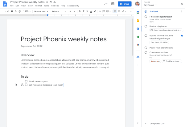 An example of Google Docs' new Tasks feature in a document.