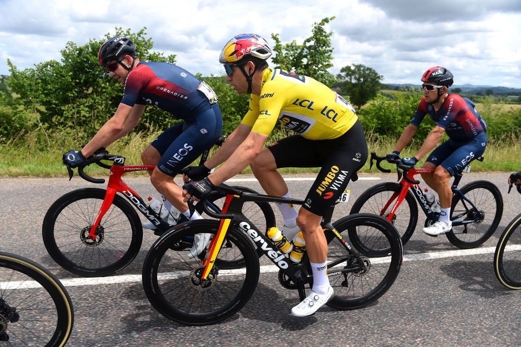 CHAINTRE FRANCE JUNE 09 Wout Van Aert of Belgium and Team Jumbo Visma Yellow Leader Jersey competes during the 74th Criterium du Dauphine 2022 Stage 5 a 1623km stage from ThizylesBourgs to Chaintr WorldTour Dauphin on June 09 2022 in Chaintre France Photo by Dario BelingheriGetty Images