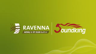 The RAVENNA and Soundking logos on a pea green background.