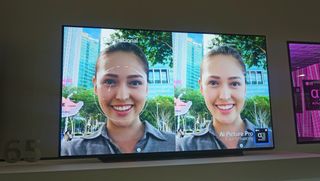Two faces side by side showng processing difference on the LG CX compared to an inferior TV