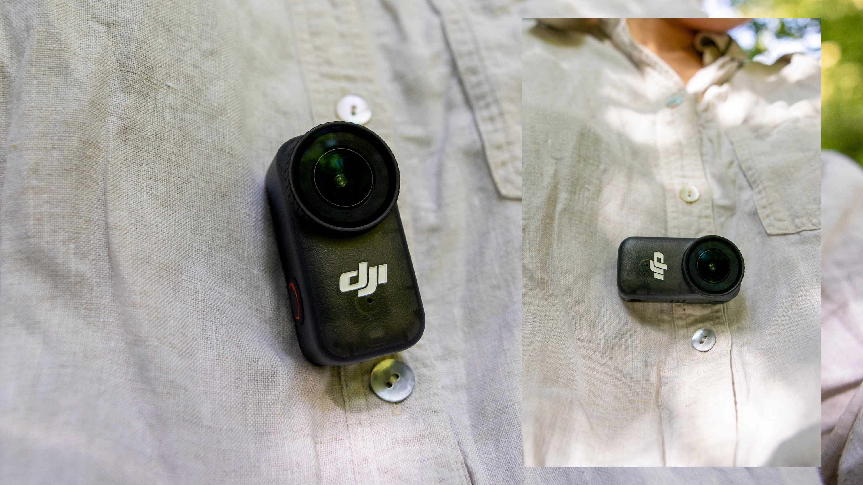 The DJI Osmo Nano being worn on a pendant in front of a woman&#039;s shirt