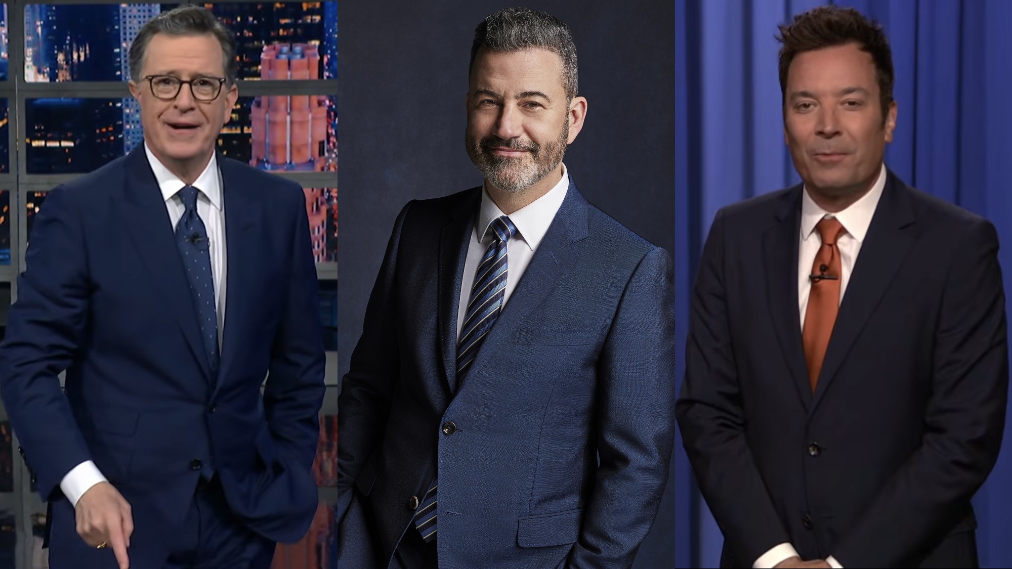 Stephen Colbert gives his monologue on The Late Show, Jimmy Kimmel poses in a photo and Jimmy Fallon gives his monologue on The Tonight Show.