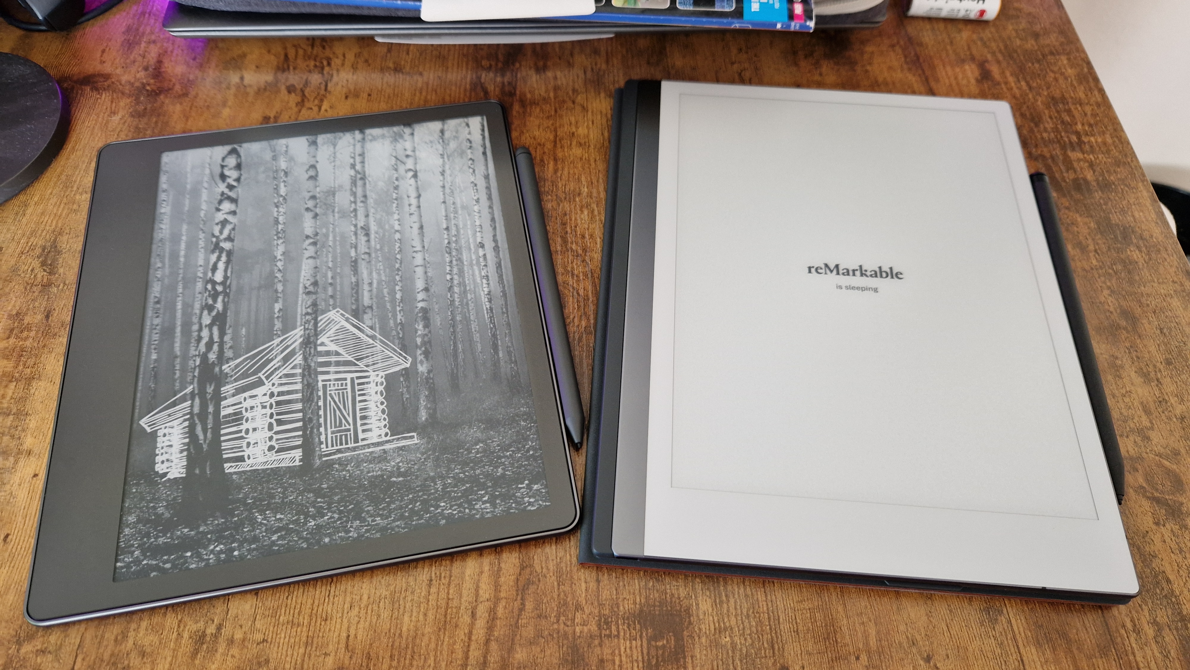 The Kindle Scribe side by side with the reMarkable 2