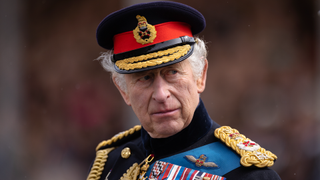 King Charles III inspects the 200th Sovereign's parade at Royal Military Academy Sandhurst on April 14, 2023 in Camberley, England