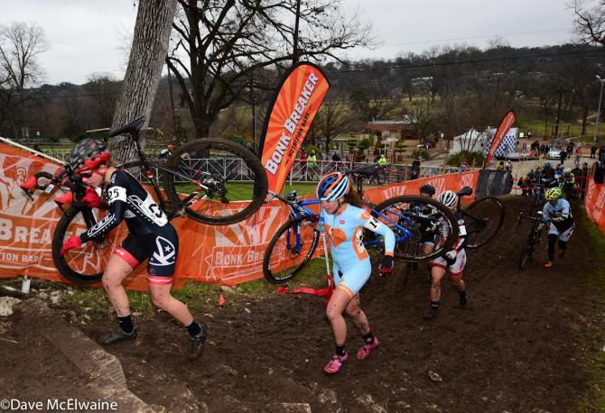 Riders make their way up the first of two limestone staircases