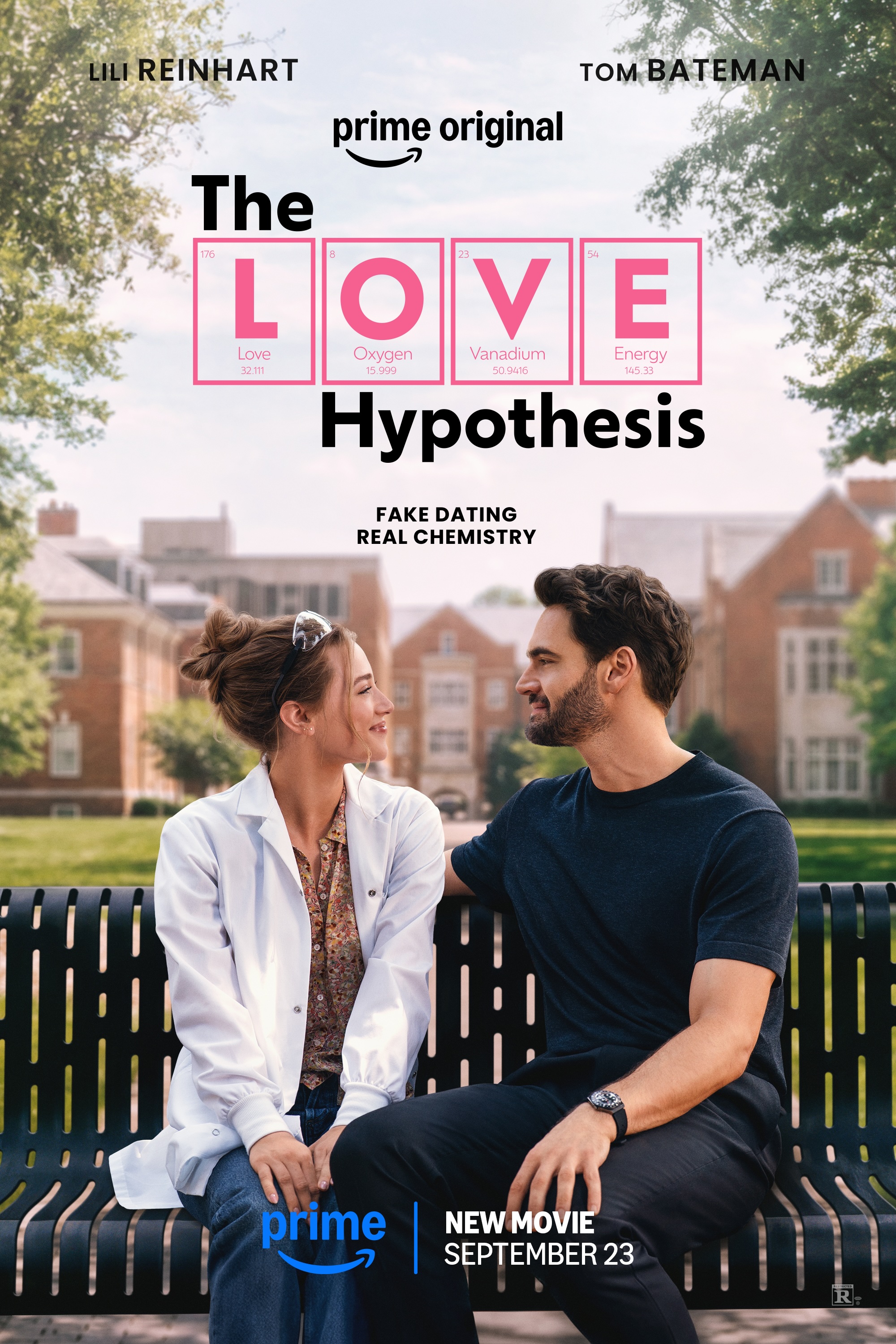 The Love Hypothesis poster showing Lili Reinhart and Tom Bateman smiling at each other on a bench