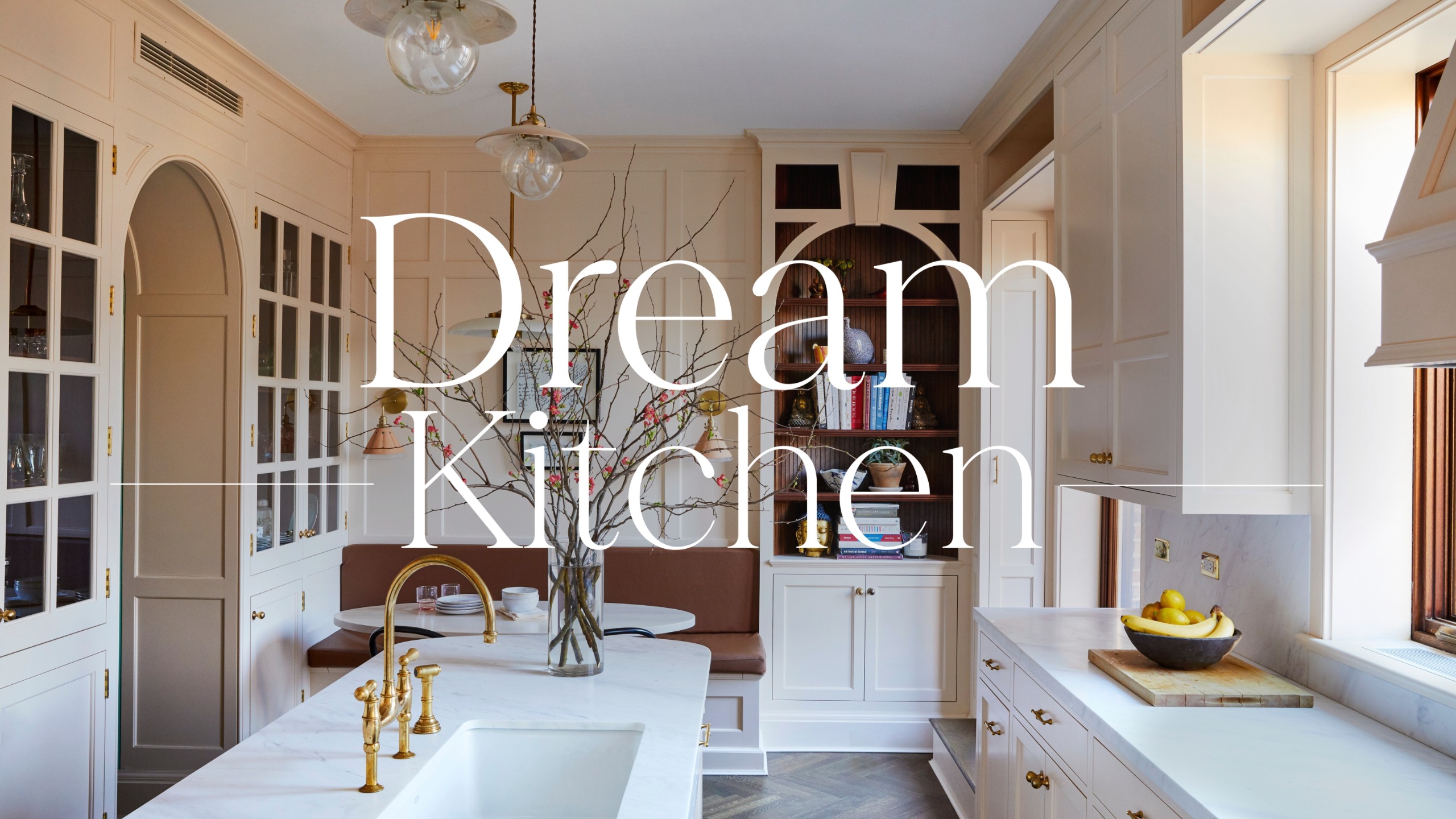 a small, pale pink New York kitchen with a 'Dream Kitchen' overlay