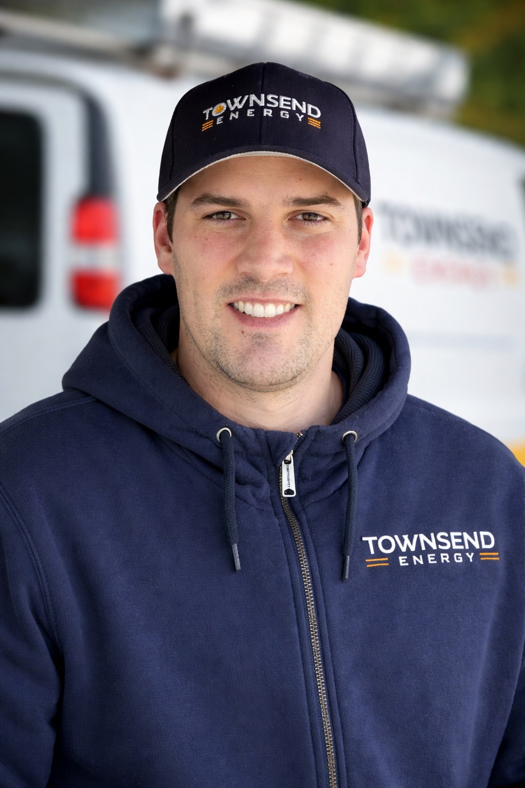 Jimmy is a white man pictured with a navy cap and hoody with a white and orange Townsend Energy font logo on both