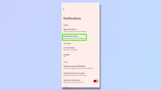 screenshot showing how to enable and access your notification history on Android - Go to Notifications