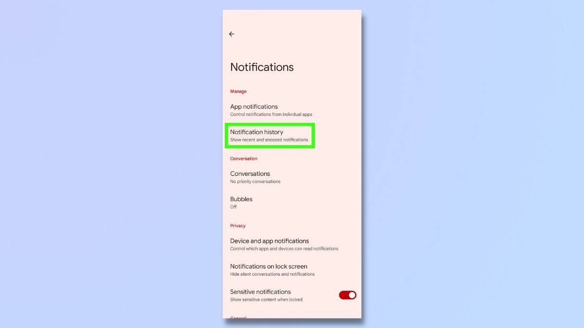 снимок экрана, показывающий, как включить и получить доступ к истории уведомлений на Android: перейдите в раздел «Уведомления».