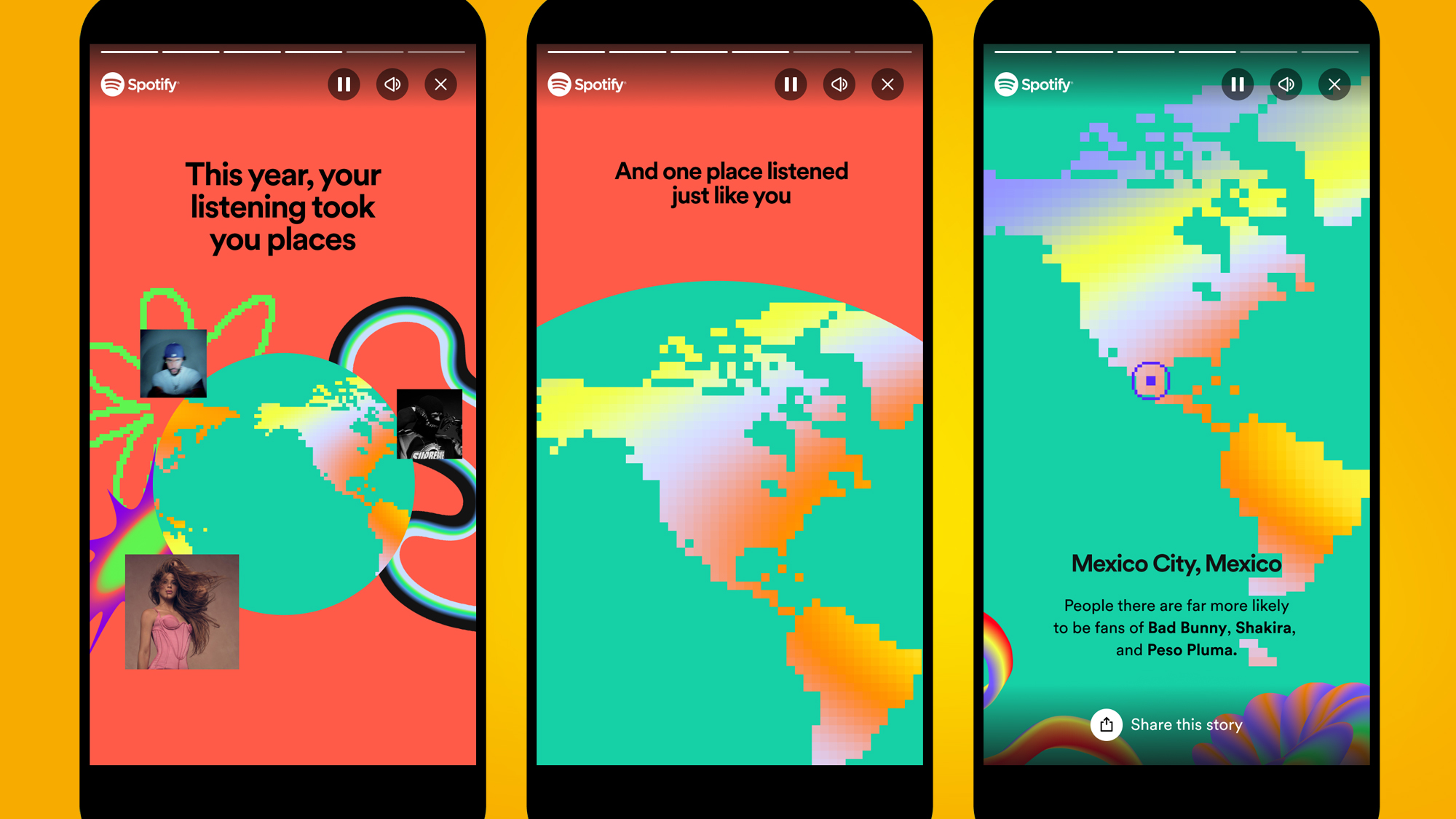 سه گوشی در پس‌زمینه نارنجی که ویژگی Spotify Wrapped 2023 Sound Town را نشان می‌دهند.