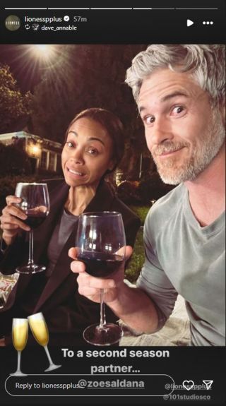 Dave Annable and Zoe Saldana holding up wine glasses saying "To a second season partner..." in the caption.