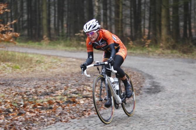 On the third cobbled section, Elizabeth Armitstead (Boels Dolmans) was away on her own