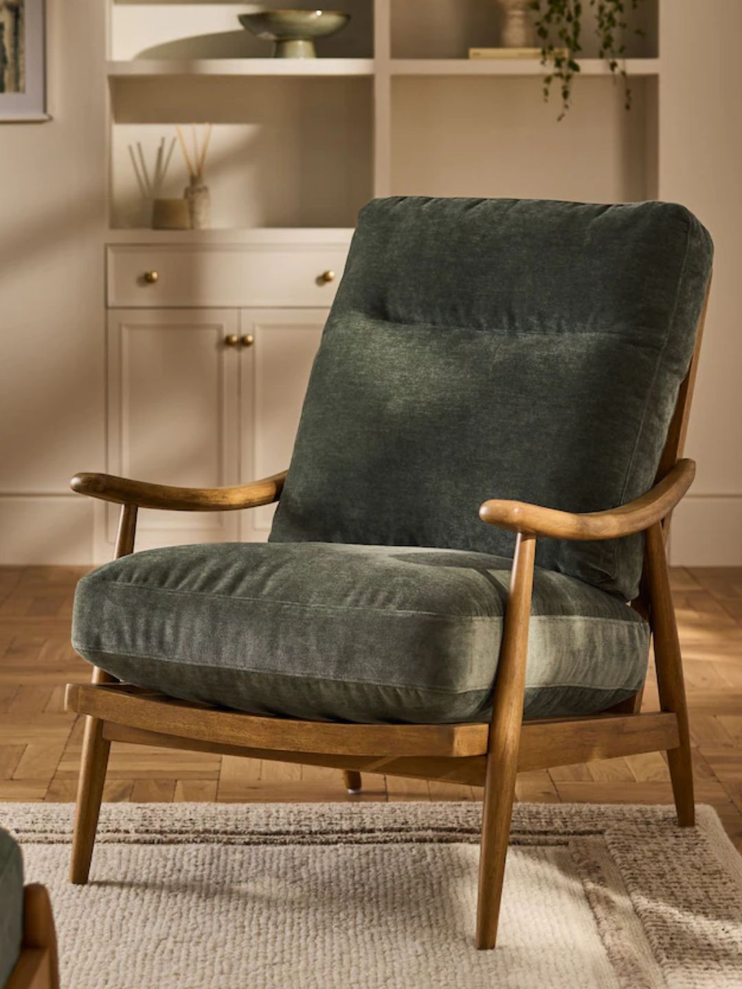 Next Home, Relaxed Bronx Frame Hampton High Back Wooden Accent Chair in Chenille Forest Green