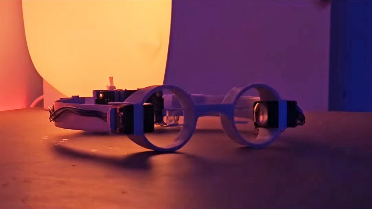 A pair of homemade AR glasses on a table.