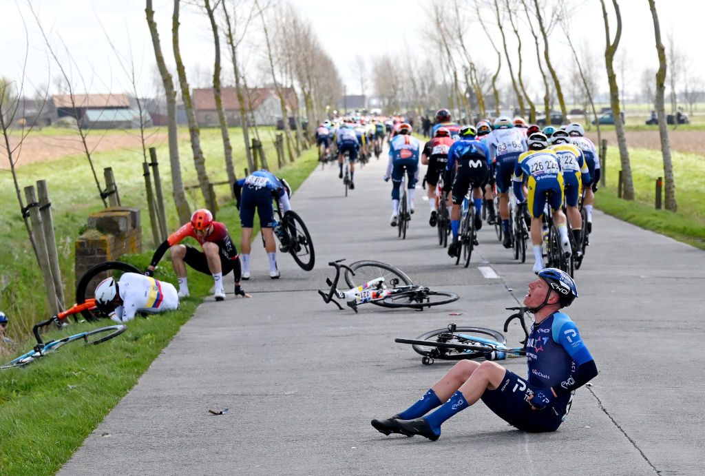 WEVELGEM BELGIUM MARCH 24 Jake Stewart of The United Kingdom and Team Israel Premier Tech after being involved in a crash during the 86th GentWevelgem in Flanders Fields 2024 Mens Elite a 2531km one day race from Ieper to Wevelgem UCIWT on March 24 2024 in Wevelgem Belgium Photo by Tim de WaeleGetty Images
